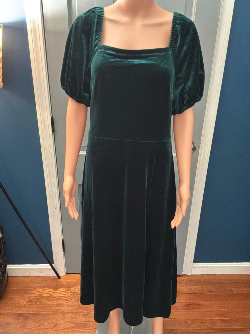 LOFT Deep Green Velvet Square-Neck Midi Dress